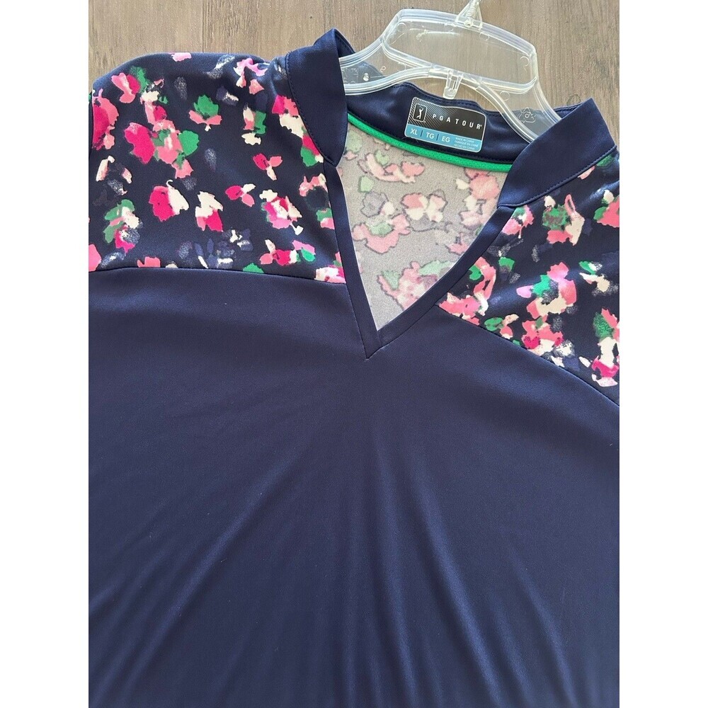 PGA Tour Women’s Golf Polo Shirt XL Navy Pink Floral Performance